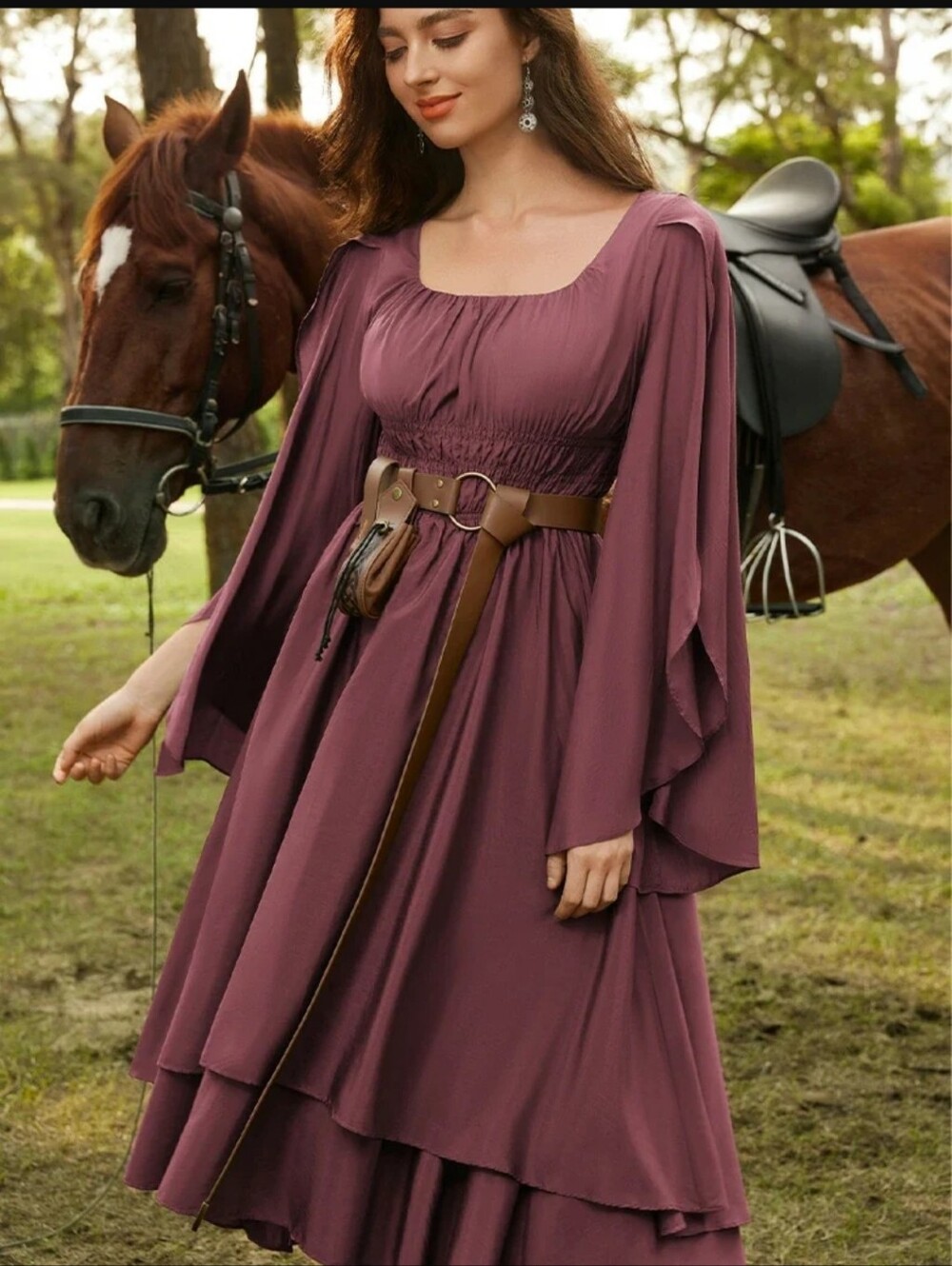 Scarlet Darkness Maxi Dress with Flowing Bell Elf Sleeves